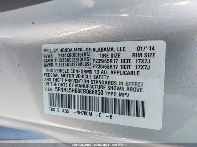 Honda Odyssey Ex-l 2014 5FNRL5H66EB066050 Image 9