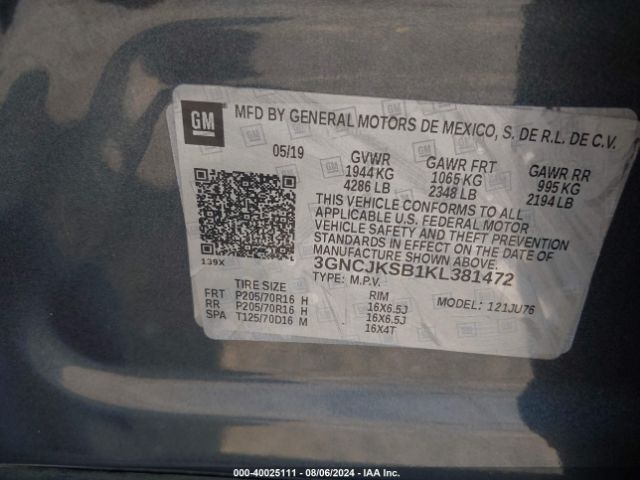 3GNCJKSB1KL381472 Chevrolet TRAX LS