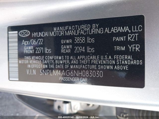 5NPLM4AG6NH083030 Hyundai ELANTRA SEL