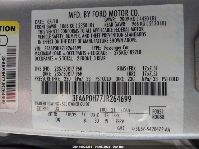Ford FUSION SE 2018 3FA6P0H77JR264699 Image 9