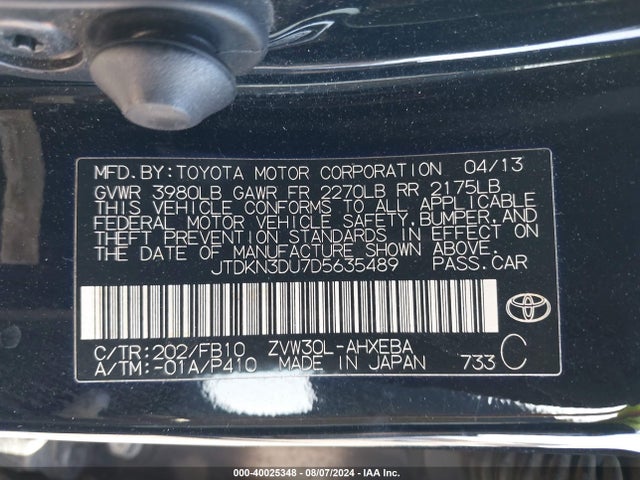 Продаж на аукціоні авто 2013 Toyota Prius Two, vin: JTDKN3DU7D5635489, номер лоту: 40025348