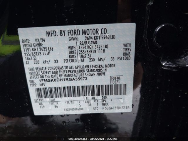 1FMSK8DH1RGA35972 Ford EXPLORER XLT