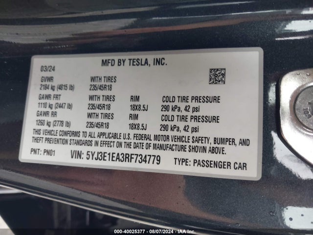 2024 TESLA MODEL 3 5YJ3E1EA3RF734779 Photo 8