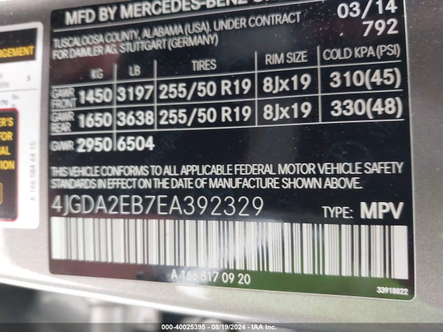 4JGDA2EB7EA392329 Mercedes-Benz Ml 350 Bluetec 4matic