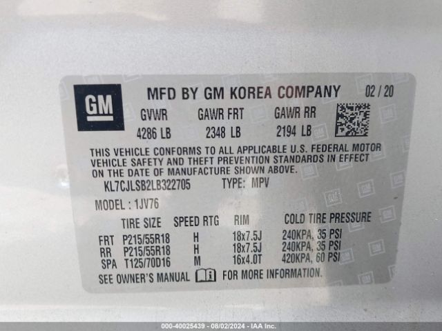 KL7CJLSB2LB322705 Chevrolet Trax Fwd Lt
