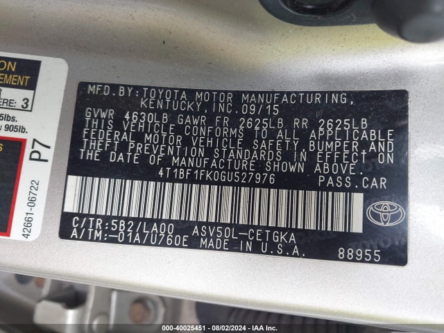 Toyota CAMRY XLE 2016 4T1BF1FK0GU527976 Image 9
