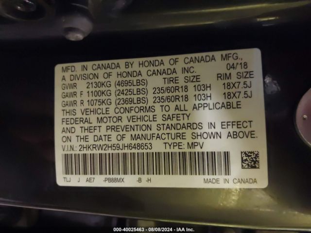 2HKRW2H59JH648653 Honda CR-V EX