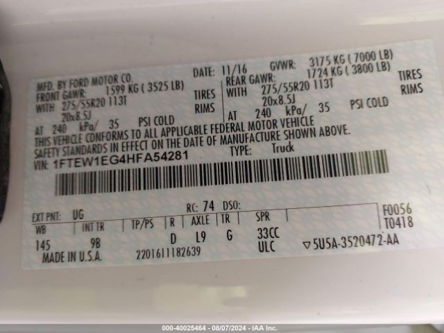 1FTEW1EG4HFA54281 Ford F-150 Platinum