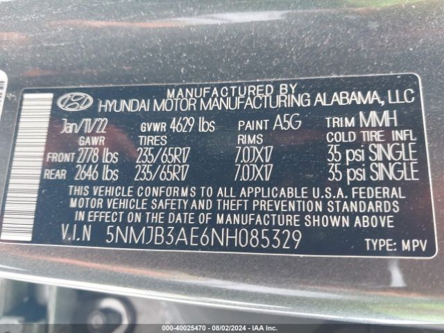5NMJB3AE6NH085329 Hyundai TUCSON SEL