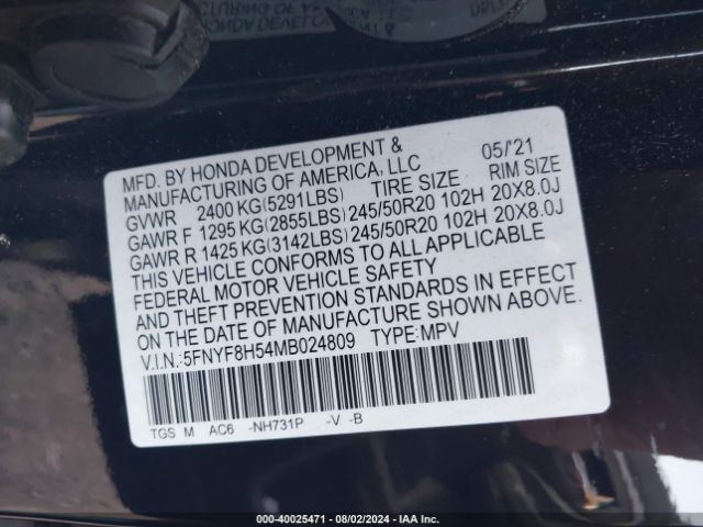 5FNYF8H54MB024809 Honda Passport Awd Ex-l