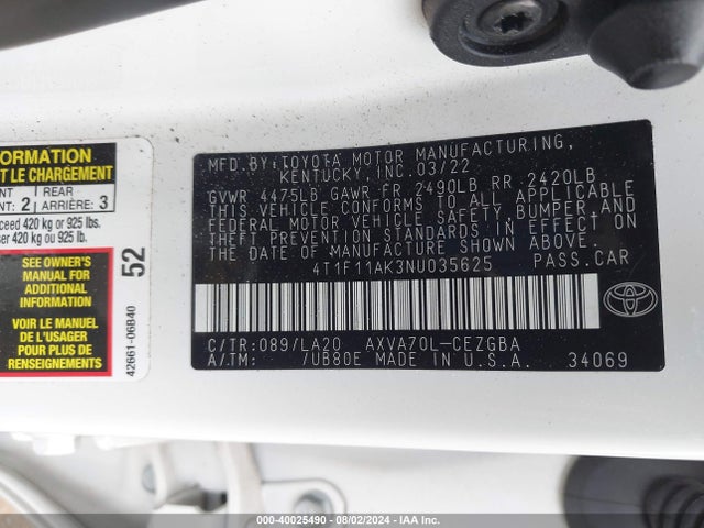 Toyota CAMRY XLE 2022 4T1F11AK3NU035625 Image 9