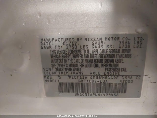 Nissan Versa 1.6 Sv 2017 3N1CN7AP6HK429458 Image 9