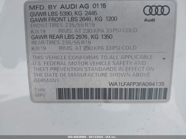 WA1LFAFP3FA094135 Audi Q5 2.0t Premium