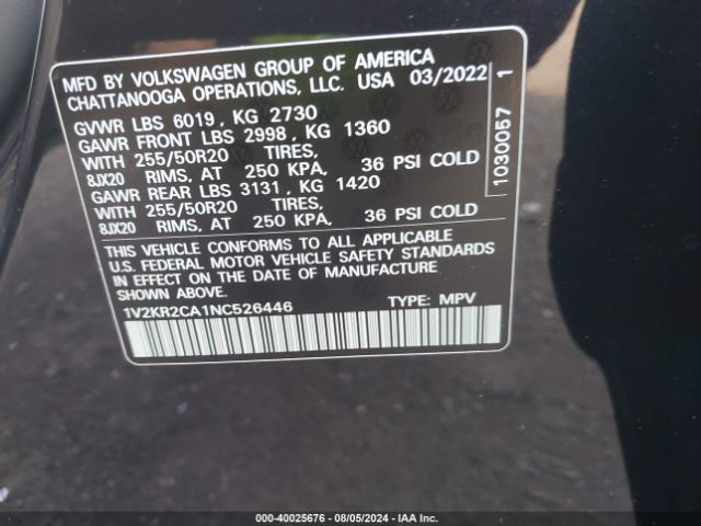 1V2KR2CA1NC526446 Volkswagen Atlas 3.6l V6 Se W/technology