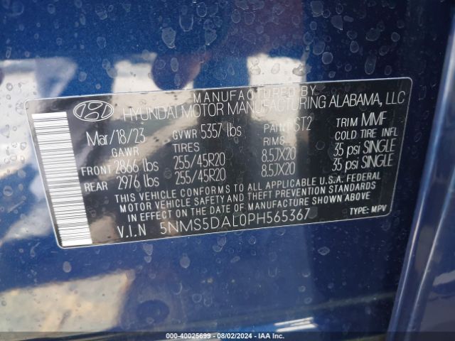 5NMS5DAL0PH565367 Hyundai Santa Fe Calligraphy