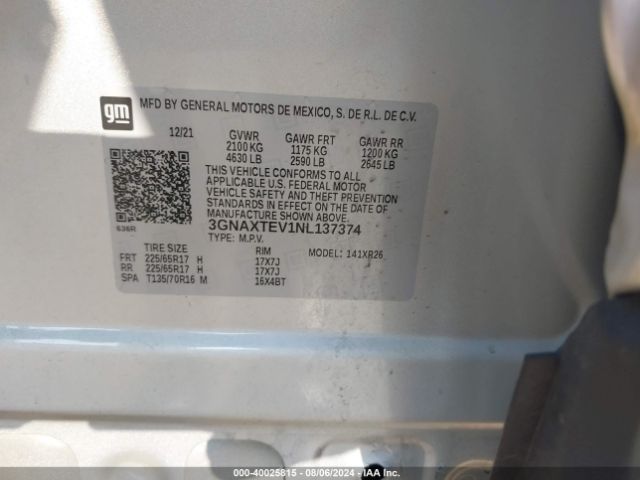 3GNAXTEV1NL137374 Chevrolet Equinox Awd 2fl