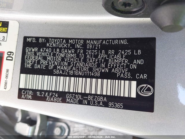 58AJZ1B16NU111498 Lexus Es 350 F Sport