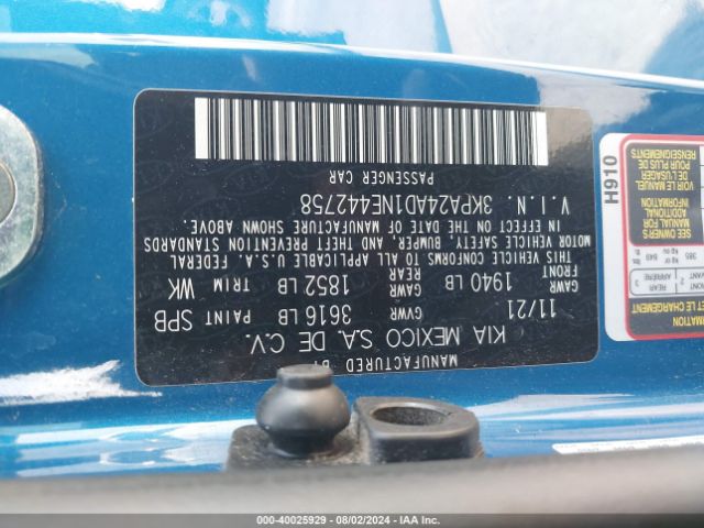 3KPA24AD1NE442758 KIA RIO S