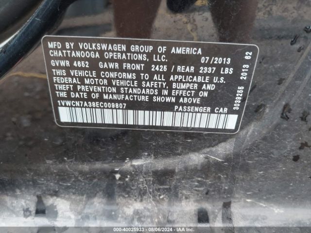 1VWCN7A38EC009807 Volkswagen Passat 2.0l Tdi Sel Premium