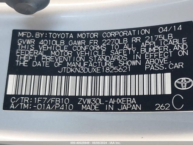 JTDKN3DUXE1825621 Toyota Prius Two