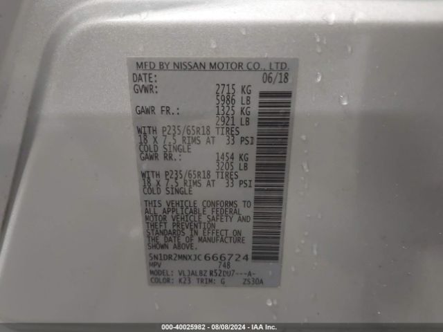 5N1DR2MNXJC666724 Nissan Pathfinder S