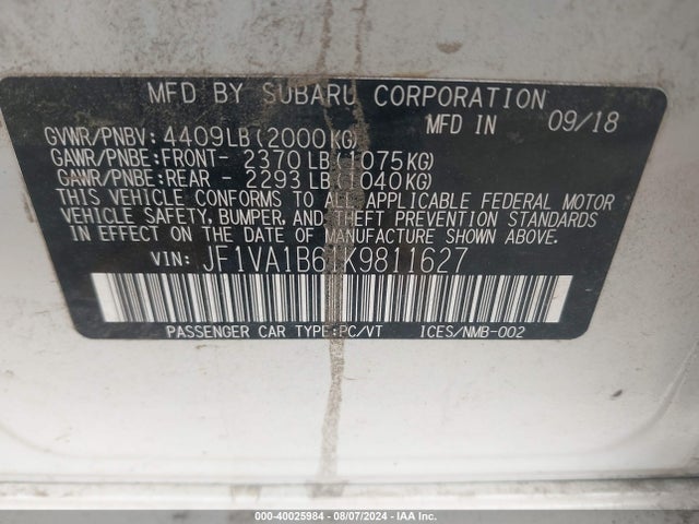 Subaru Wrx Premium 2019 JF1VA1B61K9811627 Image 9