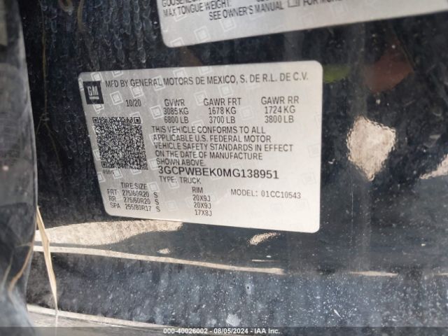 3GCPWBEK0MG138951 Chevrolet Silverado 1500 2wd  Short Bed Custom