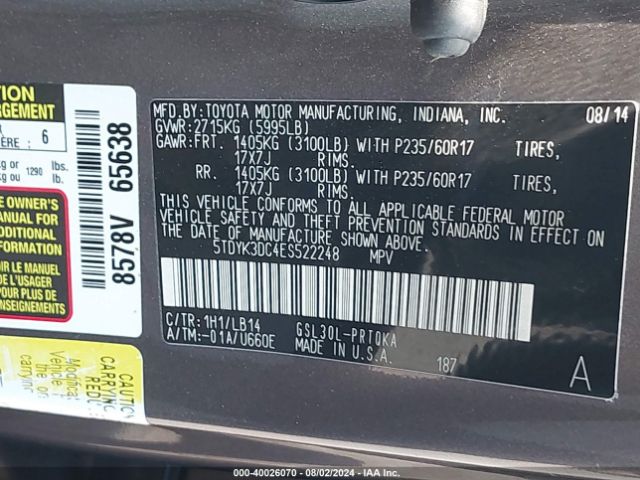 5TDYK3DC4ES522248 Toyota Sienna Xle V6 8 Passenger