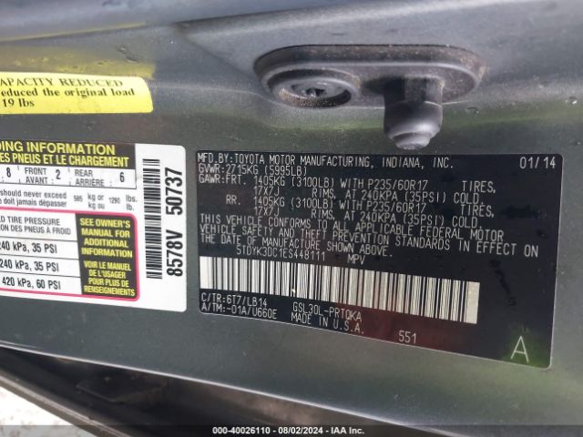 5TDYK3DC1ES448111 Toyota Sienna Xle V6 8 Passenger