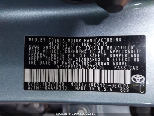 Toyota COROLLA LE 2020 5YFEPRAE3LP075236 Image 9