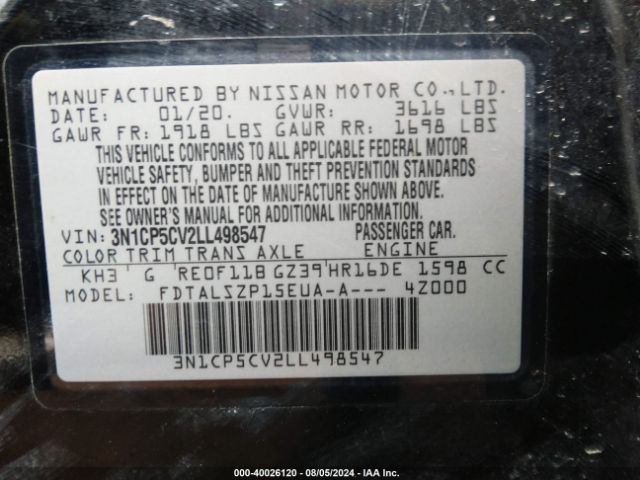 3N1CP5CV2LL498547 Nissan Kicks Sv Xtronic Cvt