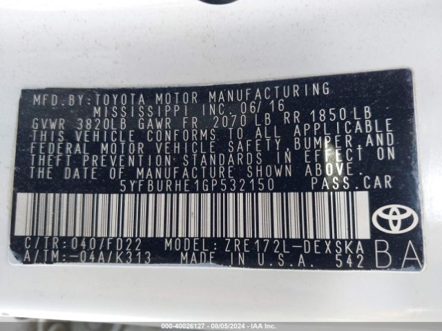 5YFBURHE1GP532150 Toyota Corolla S Plus