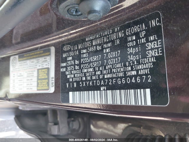 KIA Sorento Lx V6 2015 5XYKTDA72FG604672 Image 9