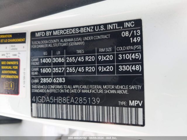 4JGDA5HB8EA285139 Mercedes-Benz Ml 350 4matic