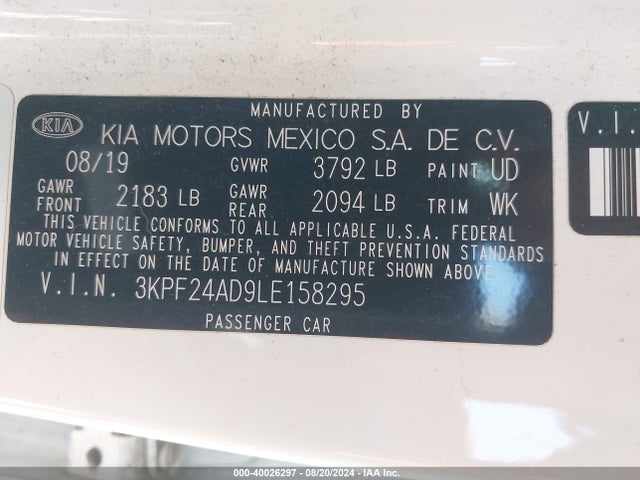 3KPF24AD9LE158295 KIA FORTE FE