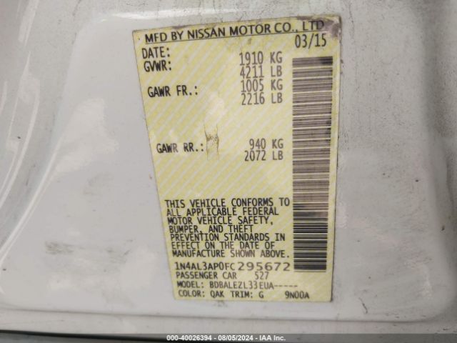 1N4AL3AP0FC295672 Nissan Altima 2.5/2.5 S/2.5 Sl/2.5 Sv