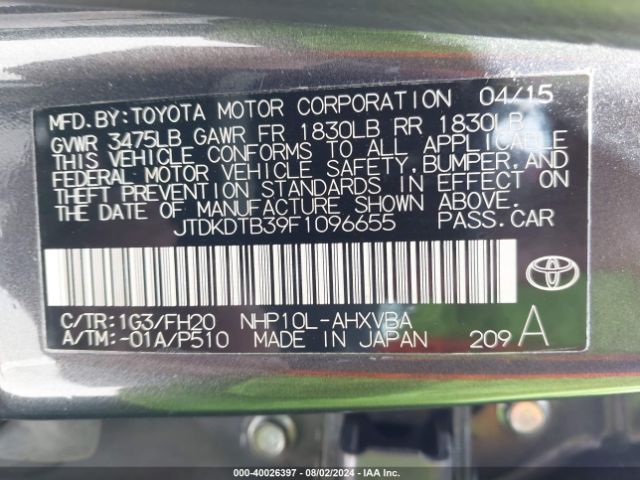 JTDKDTB39F1096655 Toyota Prius C One