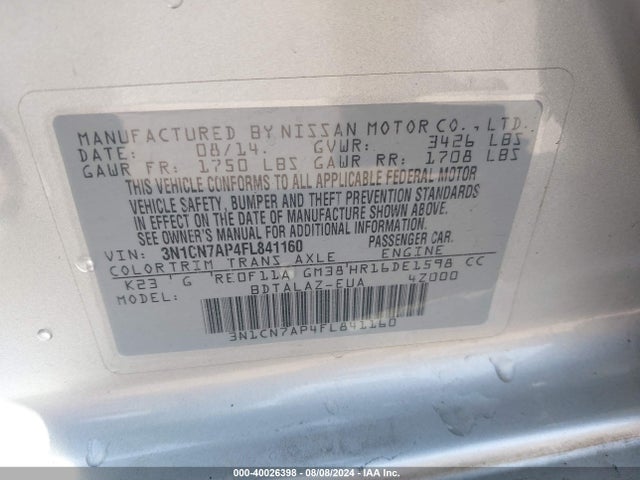 Nissan Versa 1.6 S+ 2015 3N1CN7AP4FL841160 Image 9