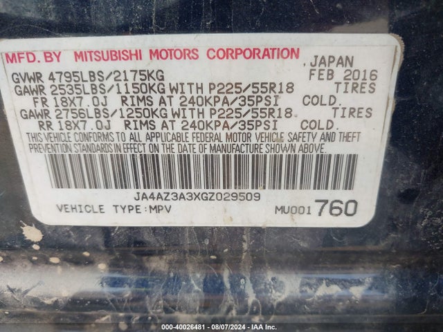 2016 MITSUBISHI OUTLANDER JA4AZ3A3XGZ029509 Photo 8