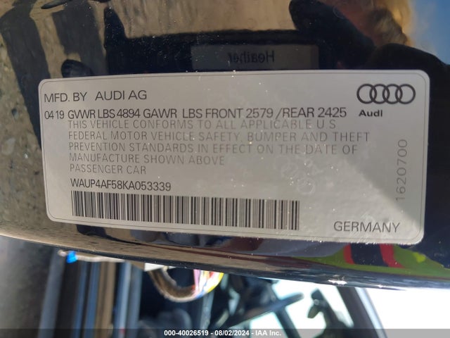 WAUP4AF58KA053339 Audi S5 3.0t Premium