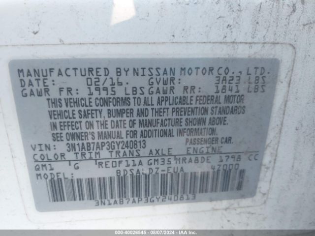 3N1AB7AP3GY240813 Nissan Sentra Fe+ S/s/sl/sr/sv