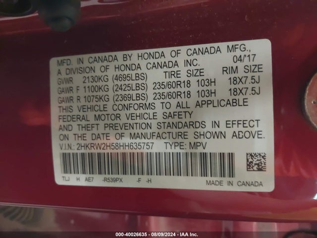 Honda CR-V EX 2017 2HKRW2H58HH635757 Image 9