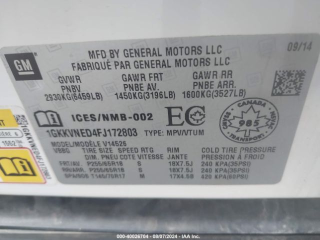 1GKKVNED4FJ172803 GMC Acadia Sle-1