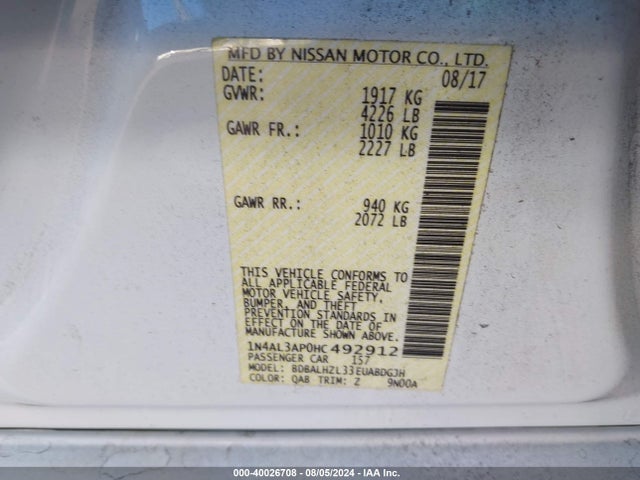 Nissan Altima 2.5 Sr 2017 1N4AL3AP0HC492912 Image 9