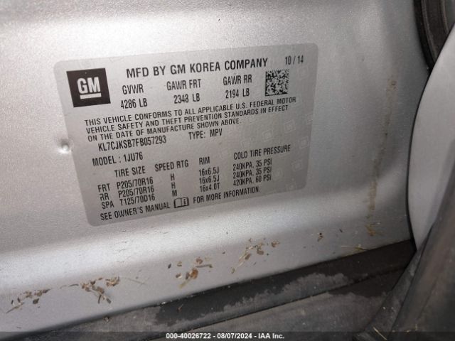KL7CJKSB7FB057293 Chevrolet Trax 1ls