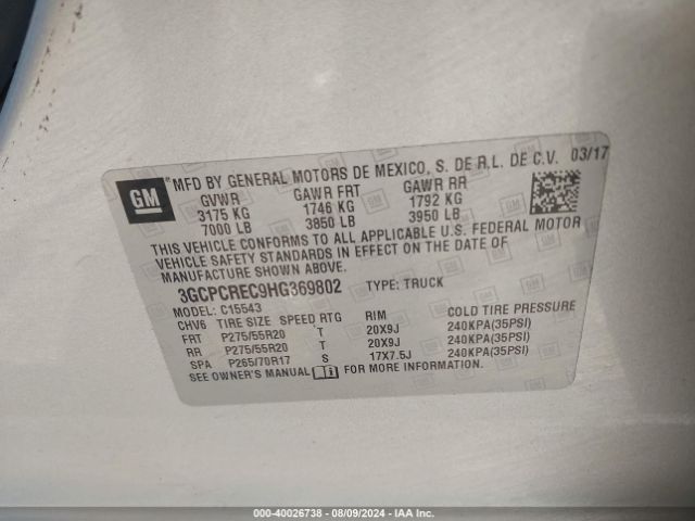 3GCPCREC9HG369802 Chevrolet Silverado 1500 1lt