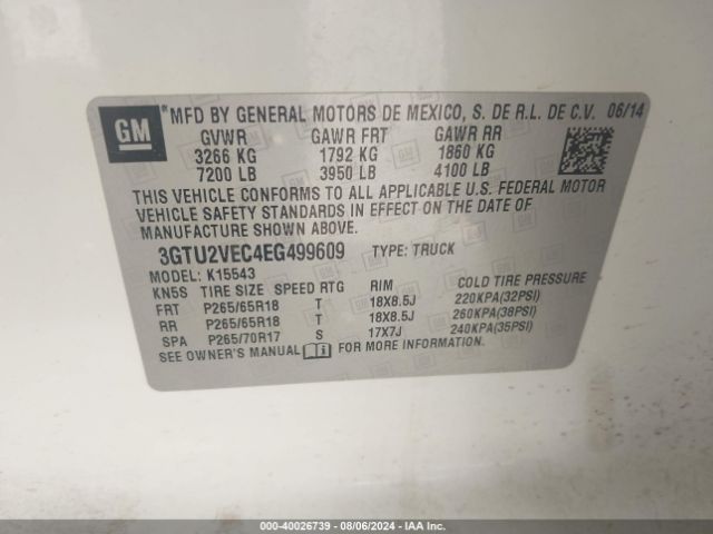 3GTU2VEC4EG499609 GMC Sierra 1500 Slt