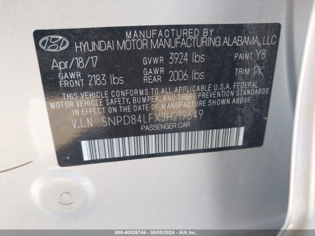 5NPD84LFXJH219649 Hyundai ELANTRA SEL