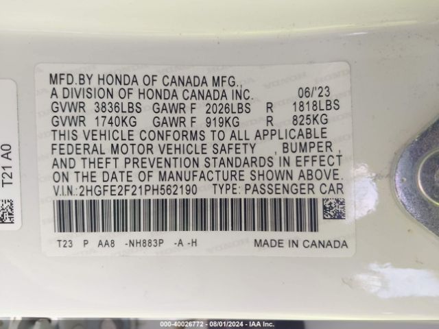 2HGFE2F21PH562190 Honda Civic Lx