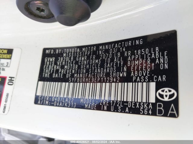 5YFBURHE9EP112942 Toyota Corolla S Premium